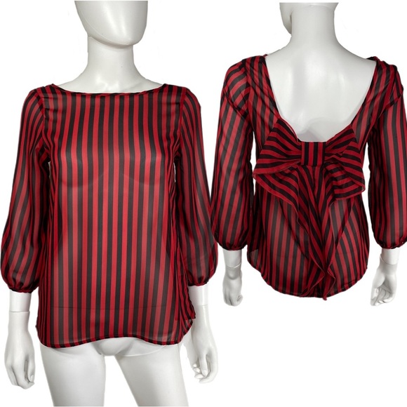 Live 4 Truth Red & Black Striped Sheer Bow Back Blouse - Picture 1 of 8